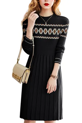Women's  Knit Dress  Long Sleeve  Round Neck pleated Mini Dress