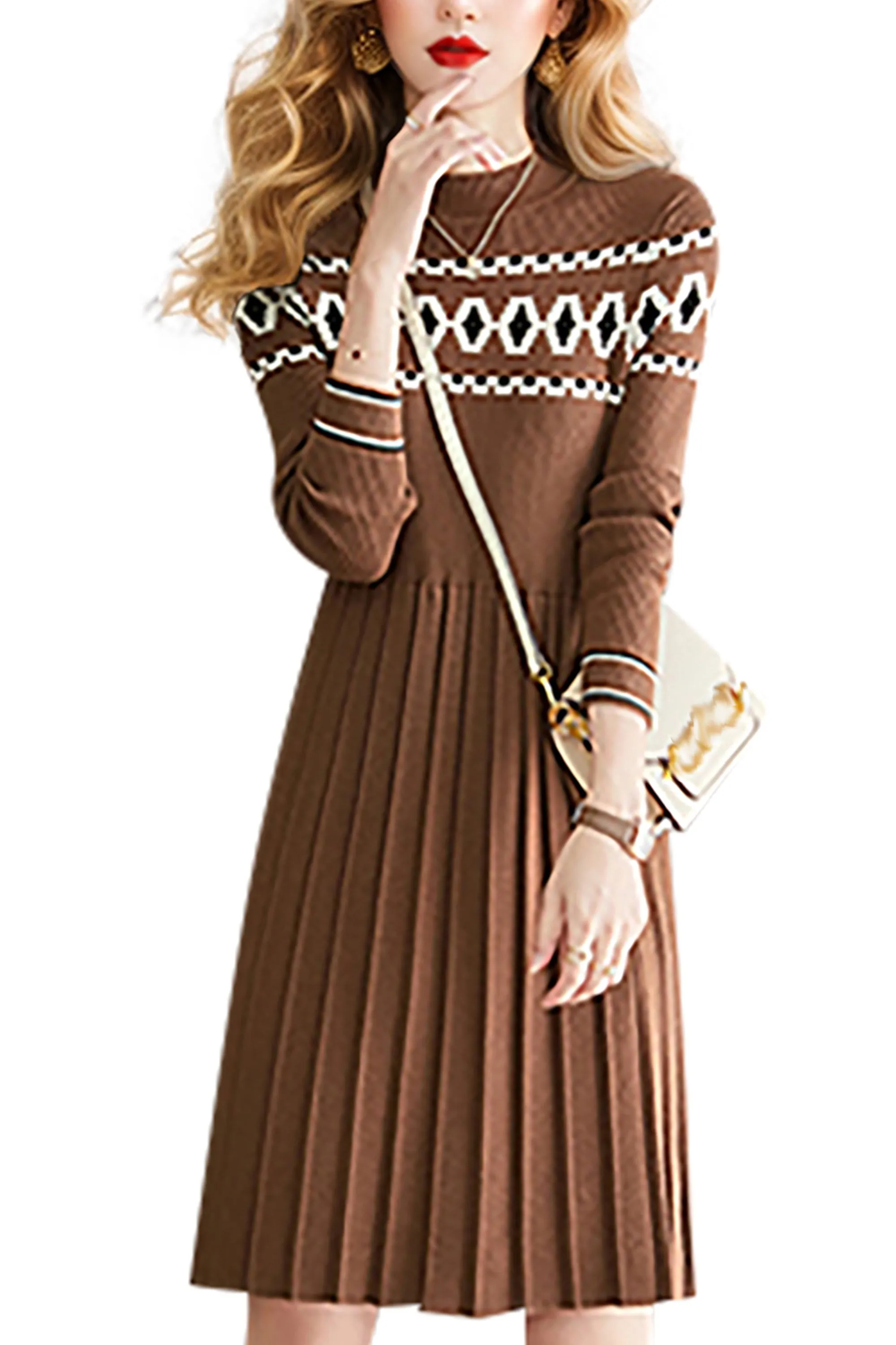 Women's  Knit Dress  Long Sleeve  Round Neck pleated Mini Dress