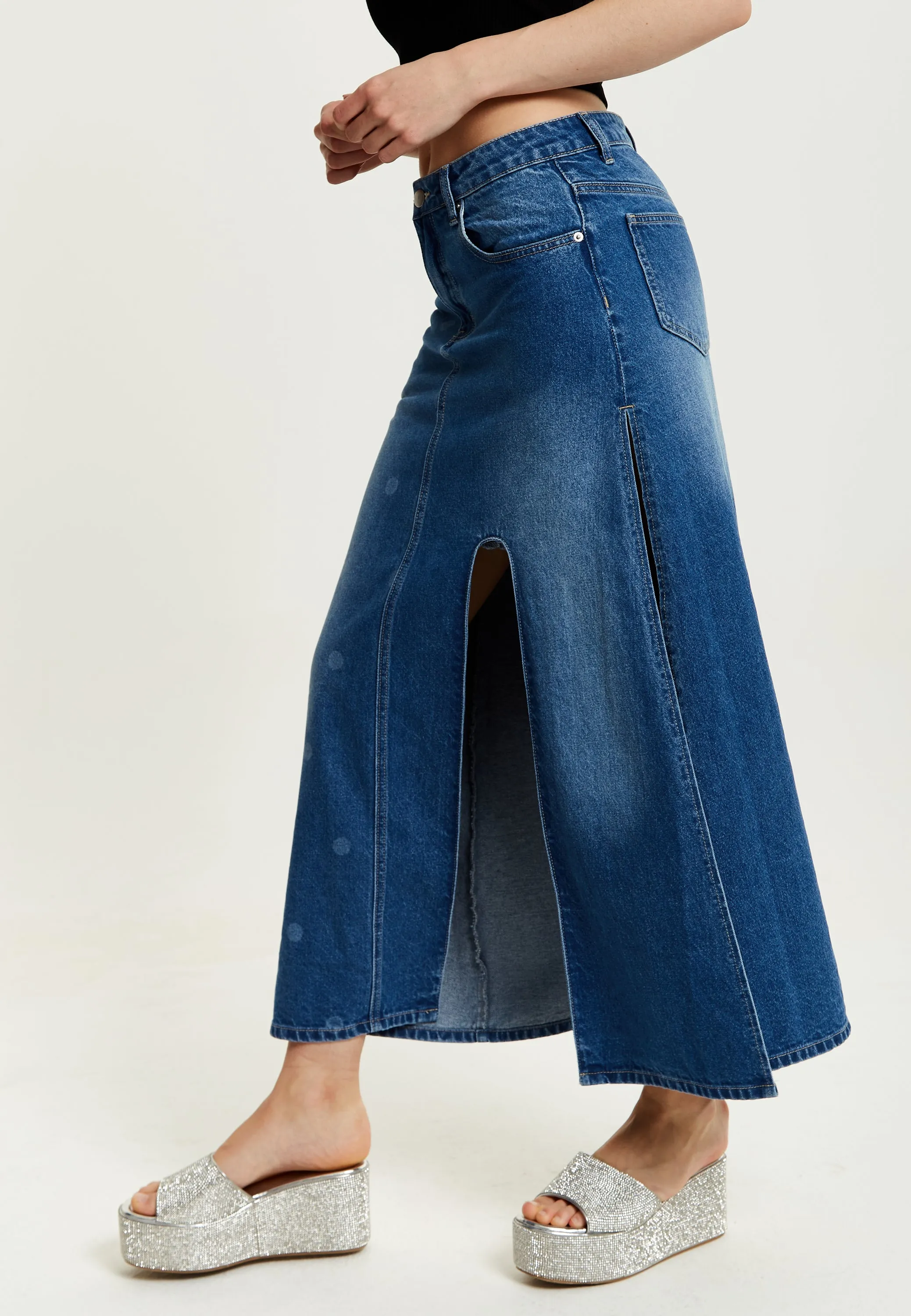 Women's Maxi Polka Dot Denim Skirt with Slit Detail and Belt Loops - 100% Cotton by Liquorish