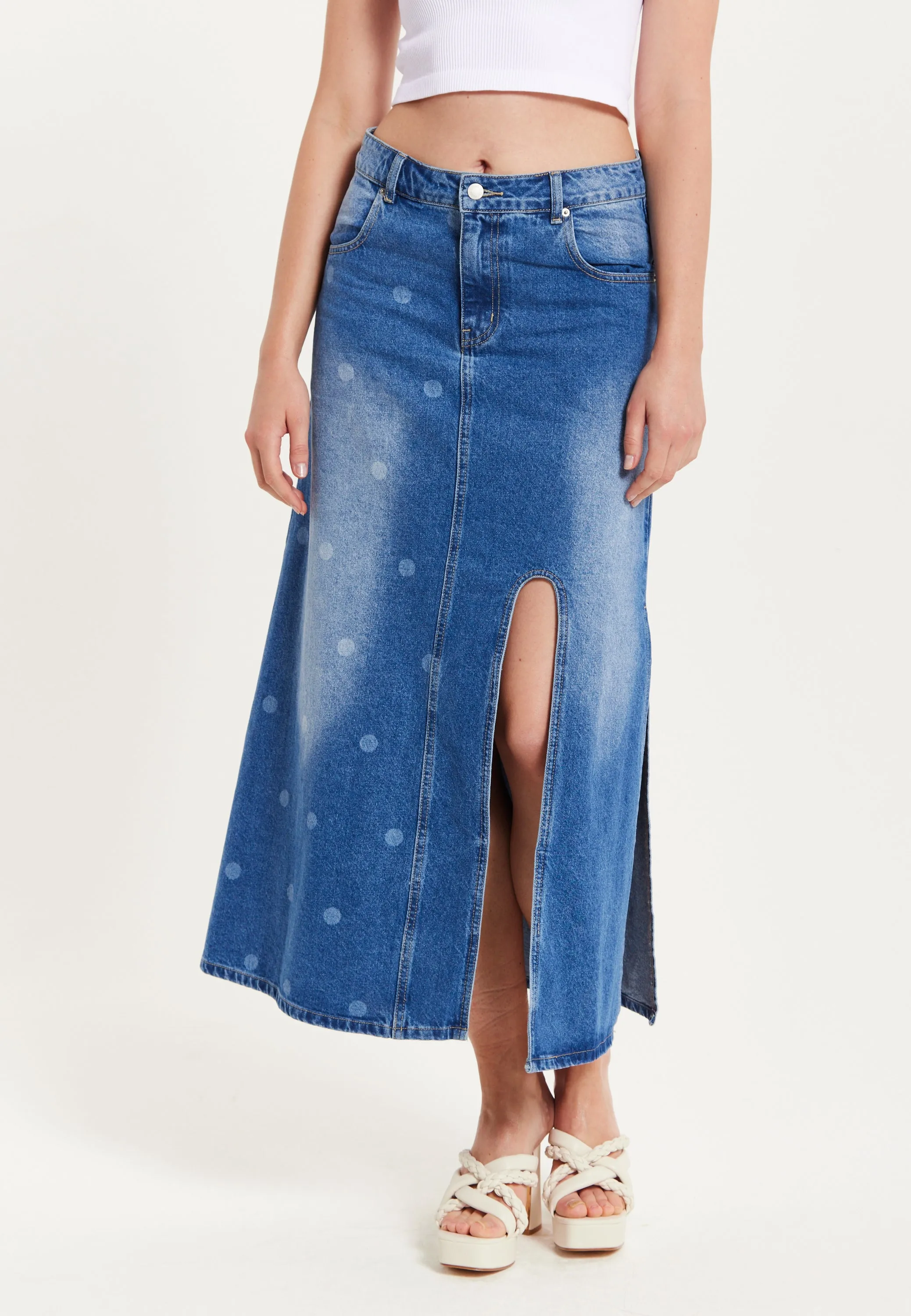 Women's Maxi Polka Dot Denim Skirt with Slit Detail and Belt Loops - 100% Cotton by Liquorish