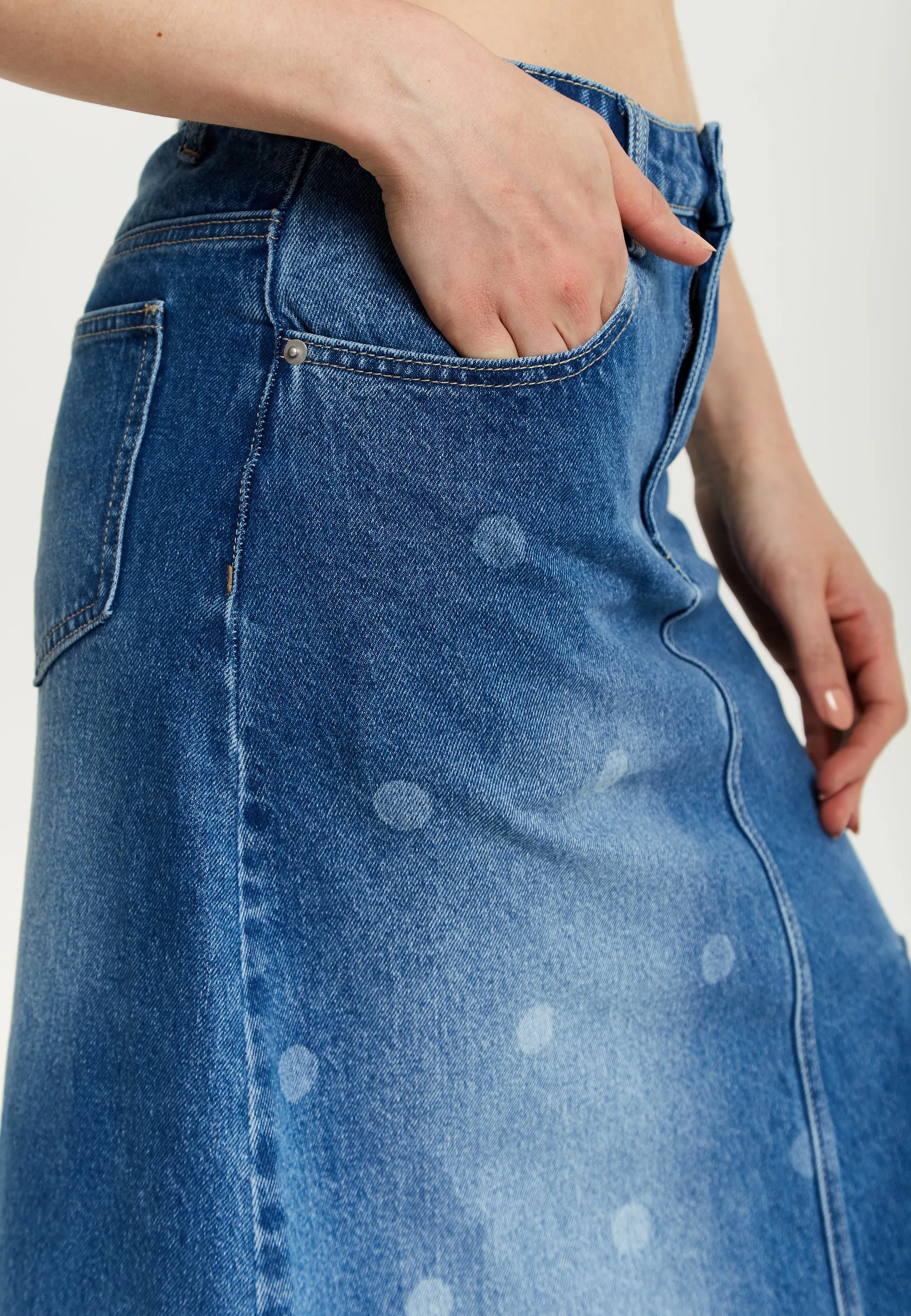 Women's Maxi Polka Dot Denim Skirt with Slit Detail and Belt Loops - 100% Cotton by Liquorish