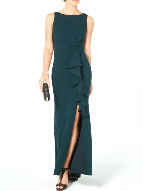 Women's Ruched Side Slit Formal Dress,Dark Green