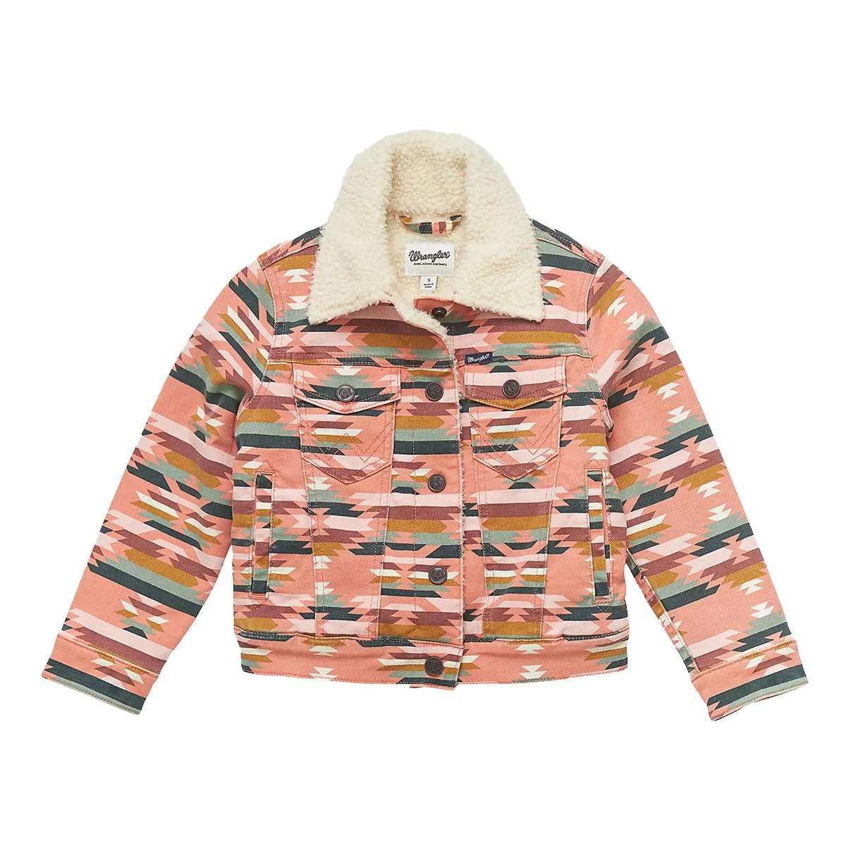 Wrangler Girl's Southwestern Print Sherpa Denim Jacket in Pink Multi