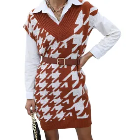 YESFASHION Houndstooth Autumn And Winter Sweater Dress